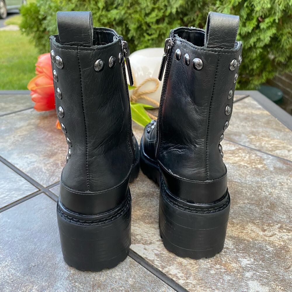 New KARL LAGERFELD PARIS Black Breck Studded Leather Moto Combat Boot Size 6 - Picture 7 of 12